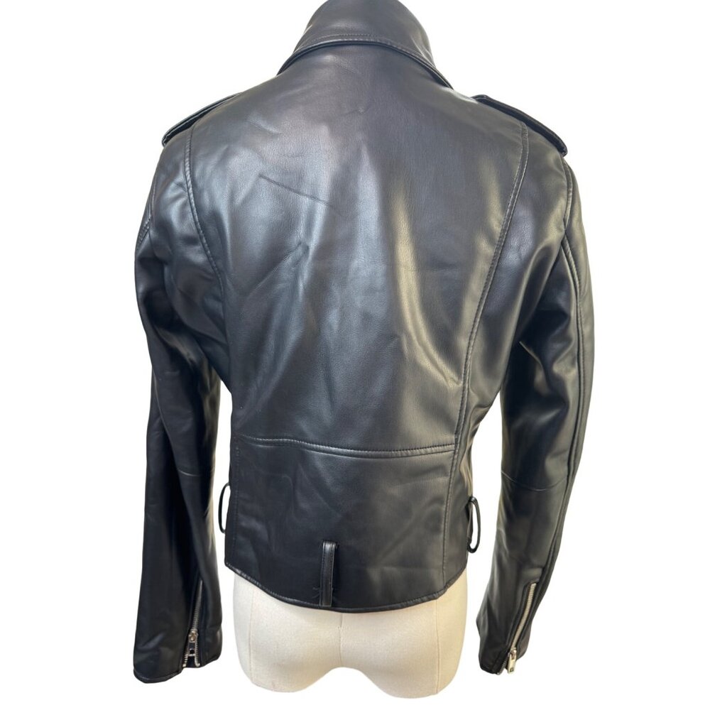 NWOT ZARA M Black Faux Leather Biker Jacket Zipper Details & Epaulettes - Picture 5 of 14